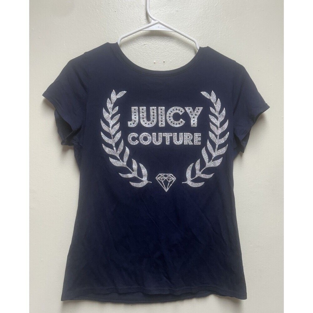 Juicy Couture Blue T Shirt Glitter Rhinestone Spellout Women's L Short Sleeve